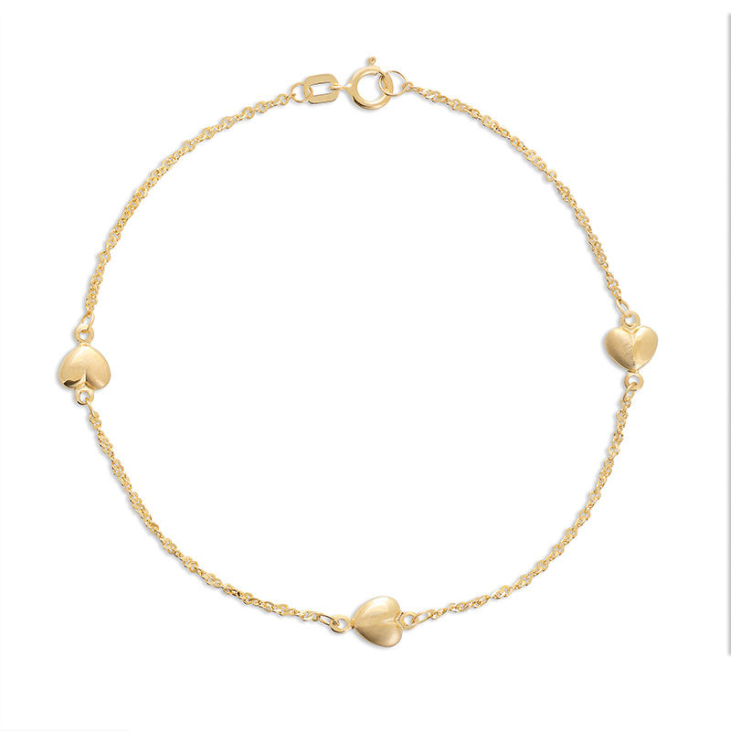 Triple Puffed Hearts Station Bracelet in 14K Gold - 7.25"