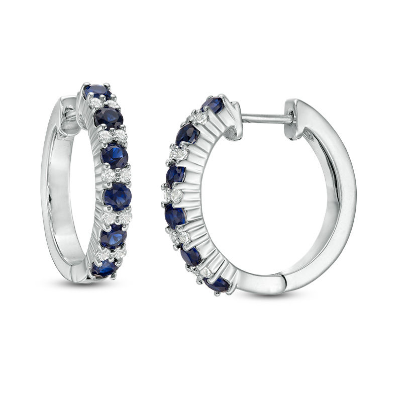 Main Image 1 of Lab-Created Blue and White Sapphire Alternating Hoop Earrings in Sterling Silver