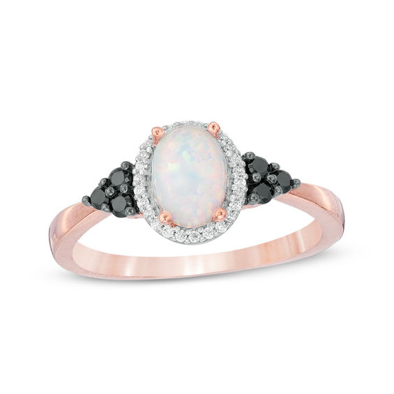 Oval Lab-Created Opal and 1/6 CT. T.w. Enhanced Black and White Diamond Frame Tri-Sides Ring in 10K Rose Gold