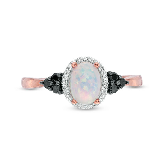 Oval Lab-Created Opal and 1/6 CT. T.w. Enhanced Black and White Diamond Frame Tri-Sides Ring in 10K Rose Gold