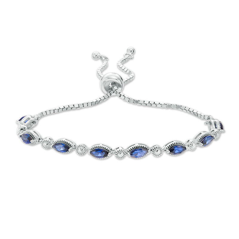 Main Image 1 of Marquise Lab-Created Blue Sapphire and Beaded Bolo Bracelet in Sterling Silver - 9.5"