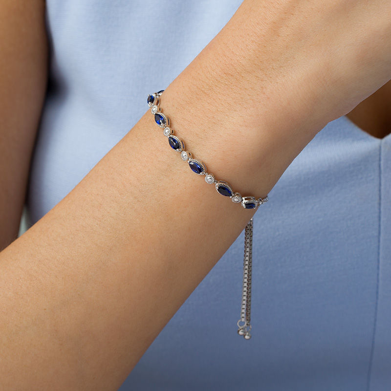 Main Image 2 of Marquise Lab-Created Blue Sapphire and Beaded Bolo Bracelet in Sterling Silver - 9.5"