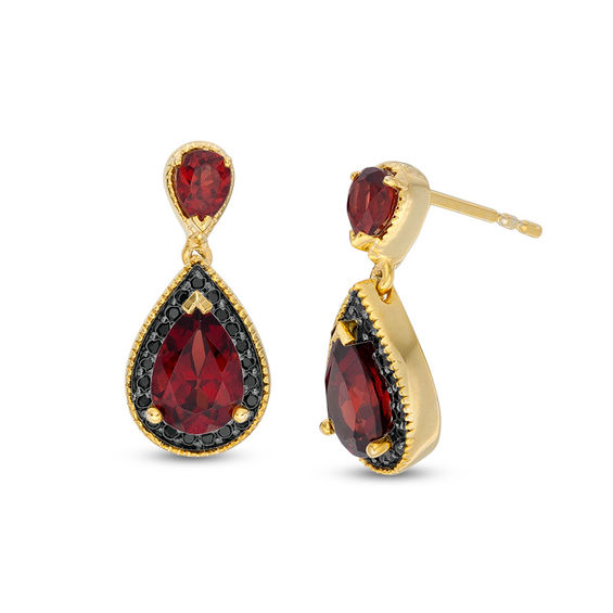 Pear-Shaped Garnet and 1/6 CT. T.w. Black Diamond Drop Vintage-Style Earrings in 10K Gold