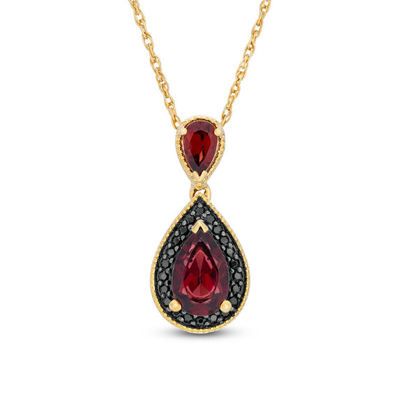 Pear-Shaped Garnet and 1/10 CT. T.w. Black Diamond Frame Vintage-Style Drop Pendant in 10K Gold