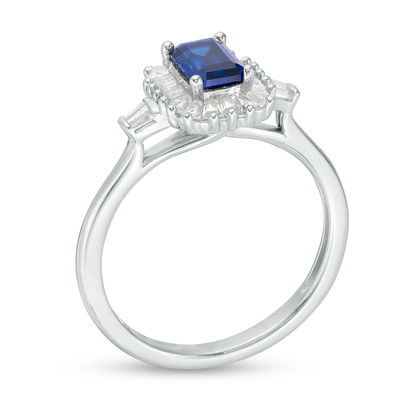 Emerald-Cut Blue Sapphire and 1/5 CT. T.W. Baguette Diamond Frame