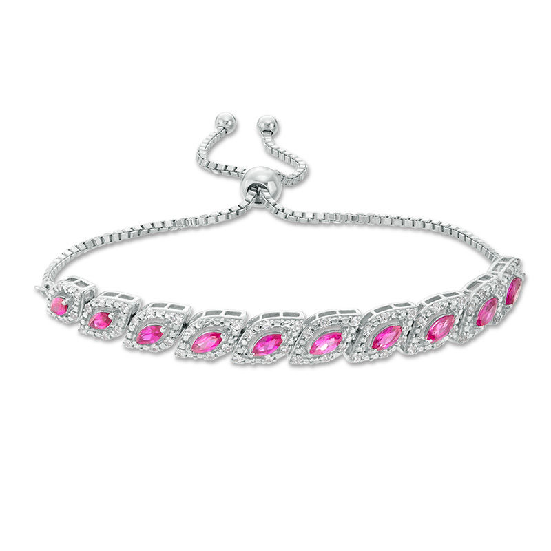Main Image 1 of Marquise Lab-Created Ruby and White Sapphire Frame Slanted Bolo Bracelet in Sterling Silver - 9.5"