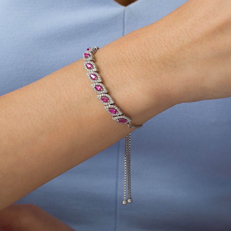 Main Image 2 of Marquise Lab-Created Ruby and White Sapphire Frame Slanted Bolo Bracelet in Sterling Silver - 9.5"