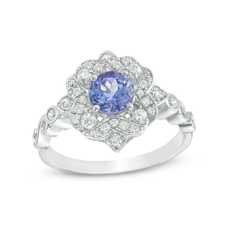 Main Image 1 of 6.0mm Tanzanite and White Topaz Floral Frame Vintage-Style Ring in Sterling Silver