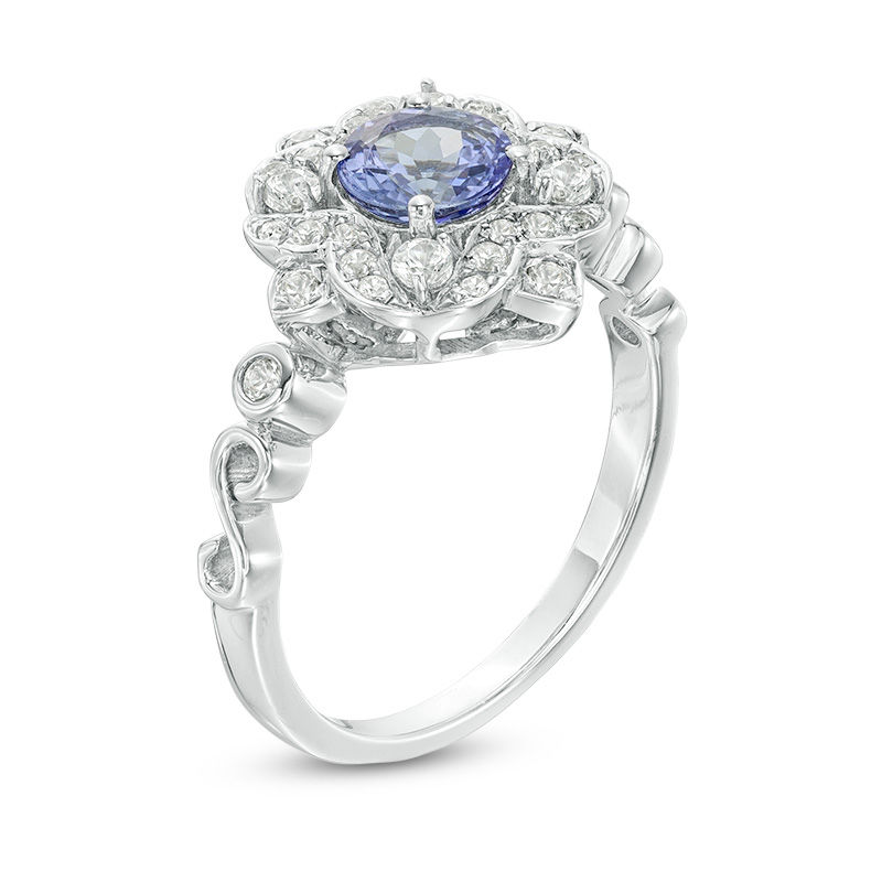 Main Image 2 of 6.0mm Tanzanite and White Topaz Floral Frame Vintage-Style Ring in Sterling Silver