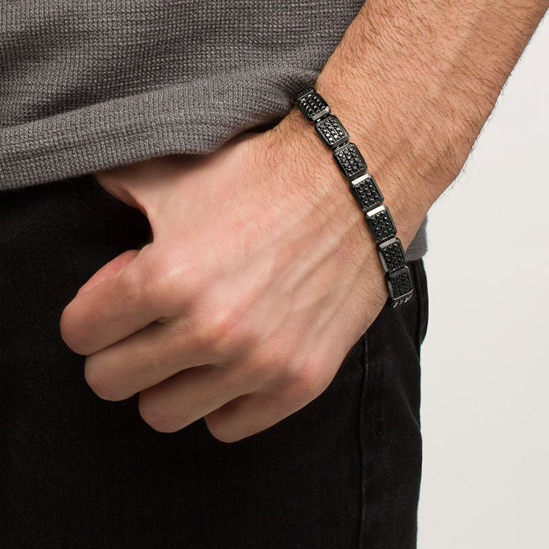 Men's Black Spinel Octagonal Link Bracelet in Sterling Silver and Black Rhodium - 8.5"