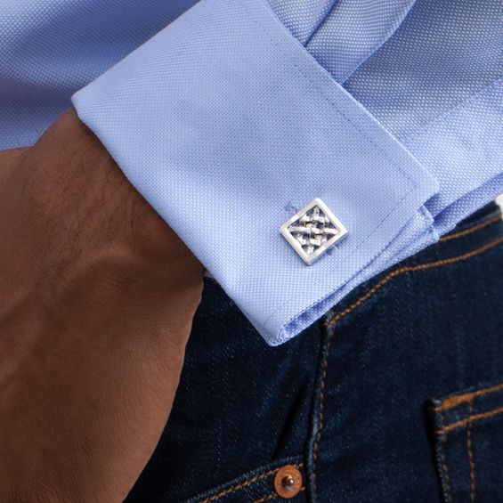 Square Frame Criss-Cross Pattern Cuff Links in Sterling Silver