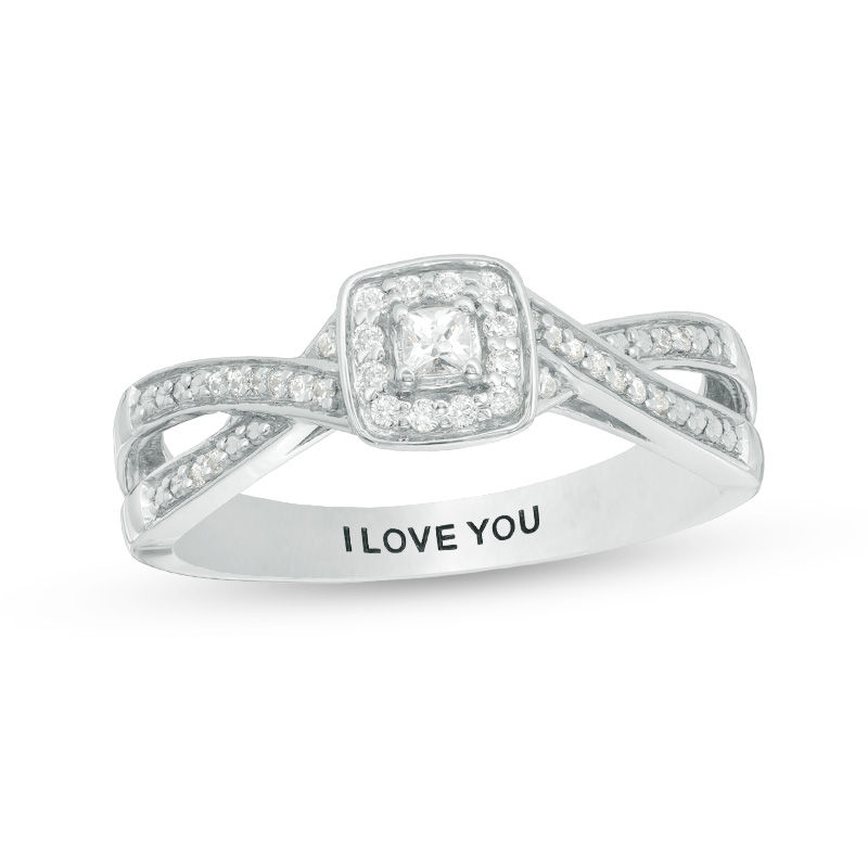 Engravable 1/8 CT. T.W. Princess-Cut Diamond Criss-Cross Split Shank Promise Ring in Sterling Silver (1 Line)