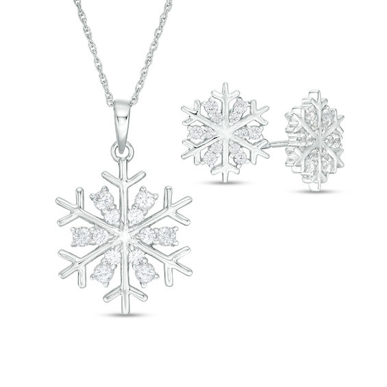 Lab-Created White Sapphire Snowflake Pendant and Stud Earrings Set in Sterling Silver