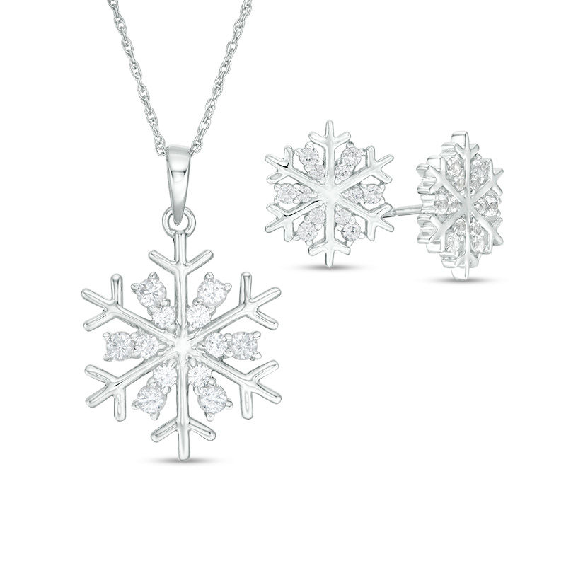 Main Image 1 of Lab-Created White Sapphire Snowflake Pendant and Stud Earrings Set in Sterling Silver