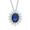 Thumbnail Image 0 of Oval Lab-Created Blue and White Sapphire Sunburst Frame Pendant in Sterling Silver