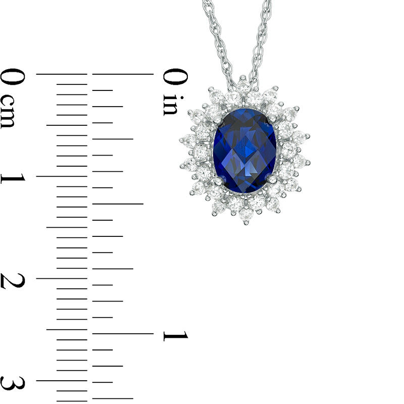 Oval Lab-Created Blue and White Sapphire Sunburst Frame Pendant in Sterling Silver