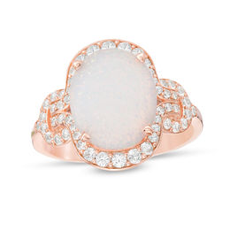 Oval Lab-Created Opal and 3/8 CT. T.W. Diamond Frame Ring in 10K Rose Gold