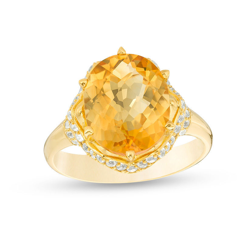 Oval Citrine and 1/3 CT. T.W. Diamond Zig-Zag Collar Ring in 10K Gold