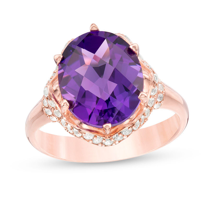 Oval Amethyst and 1 3 CT. T.W. Diamond Zig Zag Collar Ring in 10K Rose Gold