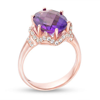 Oval Amethyst and 1/3 CT. T.W. Diamond Zig-Zag Collar Ring in 10K Rose ...