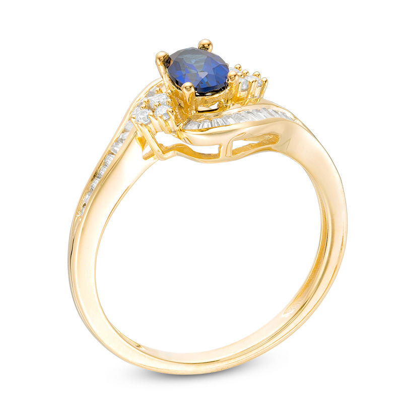 Oval Blue Sapphire and 1/3 CT. T.W. Diamond Tri-Sides Bypass Ring in 10K Gold