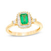 Thumbnail Image 0 of Emerald-Cut Lab-Created Emerald and White Sapphire Sunburst Frame Ring in Sterling Silver with 14K Gold Plate