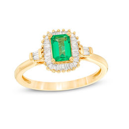 Emerald-Cut Lab-Created Emerald and White Sapphire Sunburst Frame Ring in Sterling Silver with 14K Gold Plate