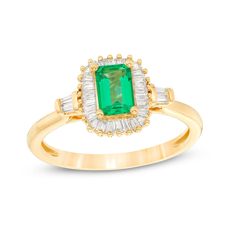 Emerald-Cut Lab-Created Emerald and White Sapphire Sunburst Frame Ring in Sterling Silver with 14K Gold Plate