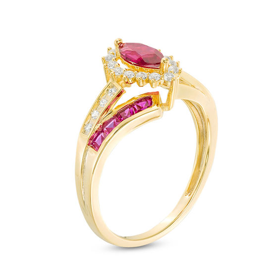 Marquise Ruby and 1/6 CT. T.w. Diamond Double Row Bypass Ring in 10K Gold
