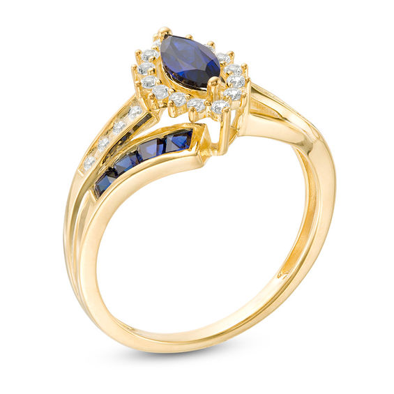 Marquise Blue Sapphire and 1/6 CT. T.w. Diamond Double Row Bypass Ring in 10K Gold