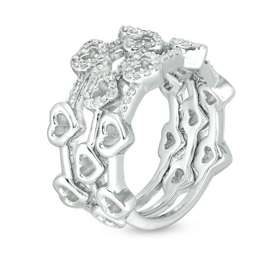 1/3 CT. T.w. Diamond Heart Outline Three Piece Stackable Band Set in Sterling Silver