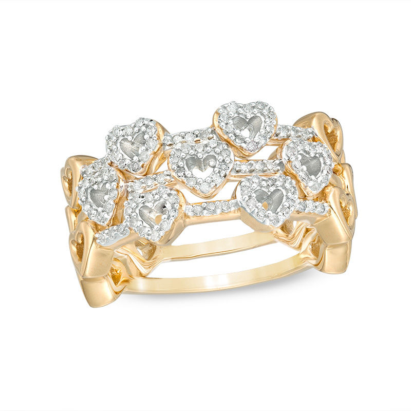 1/3 CT. T.W. Diamond Heart Outline Three Piece Stackable Band Set in Sterling Silver with 14K Gold Plate