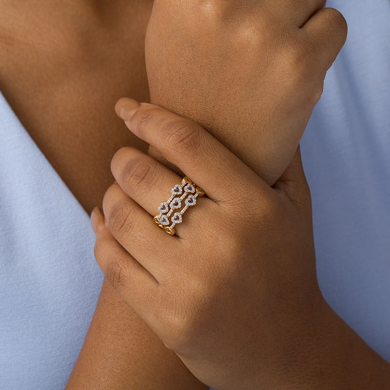 1/3 CT. T.W. Diamond Heart Outline Three Piece Stackable Band Set in Sterling Silver with 14K Gold Plate