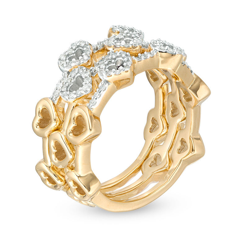1/3 CT. T.W. Diamond Heart Outline Three Piece Stackable Band Set in Sterling Silver with 14K Gold Plate