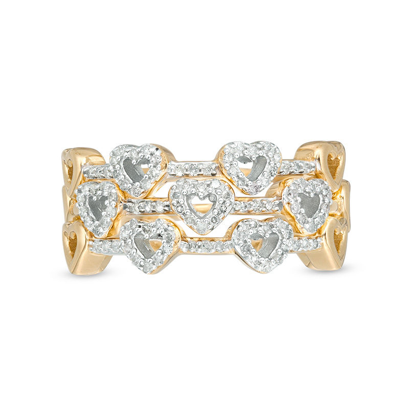 1/3 CT. T.W. Diamond Heart Outline Three Piece Stackable Band Set in Sterling Silver with 14K Gold Plate