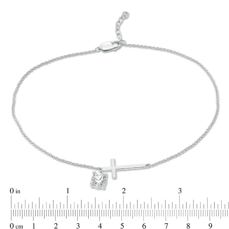 6.0mm Lab-Created White Sapphire Solitaire Dangle Sideways Cross Anklet in Sterling Silver - 10"