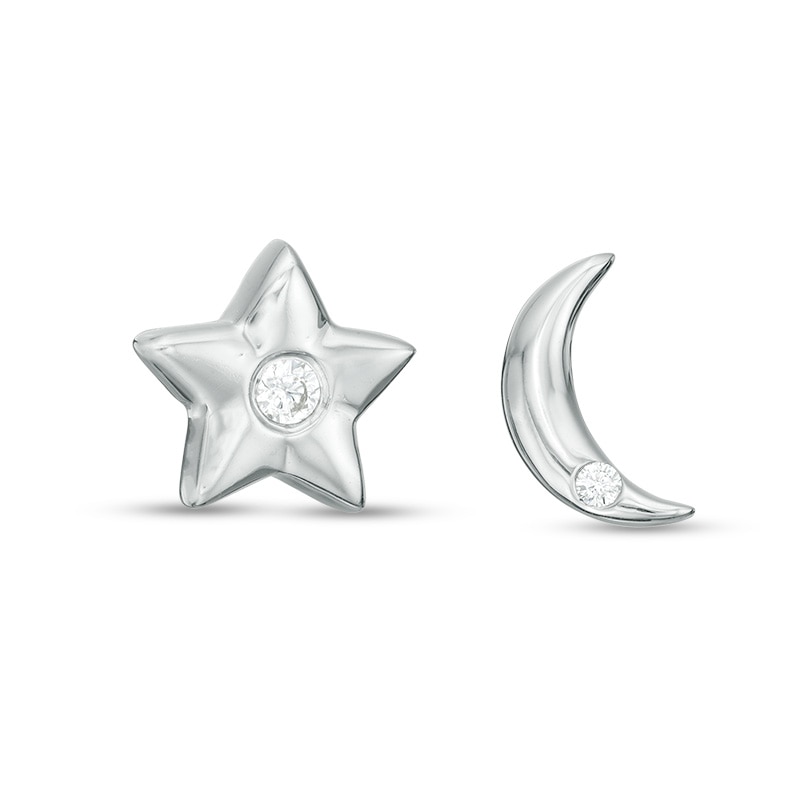 Main Image 1 of 1/20 CT. T.W. Diamond Moon and Star Mismatch Stud Earrings in Sterling Silver