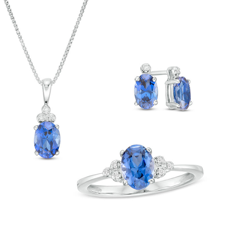 Main Image 1 of Oval Lab-Created Blue Sapphire and Diamond Accent Pendant, Stud Earrings and Ring Set in Sterling Silver - Size 7