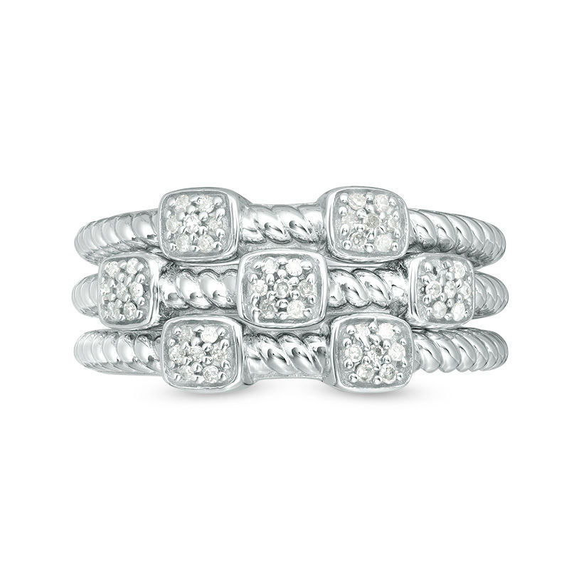 1/6 CT. T.W. Composite Diamond Square Rope Shank Three Piece Stackable Band Set in Sterling Silver