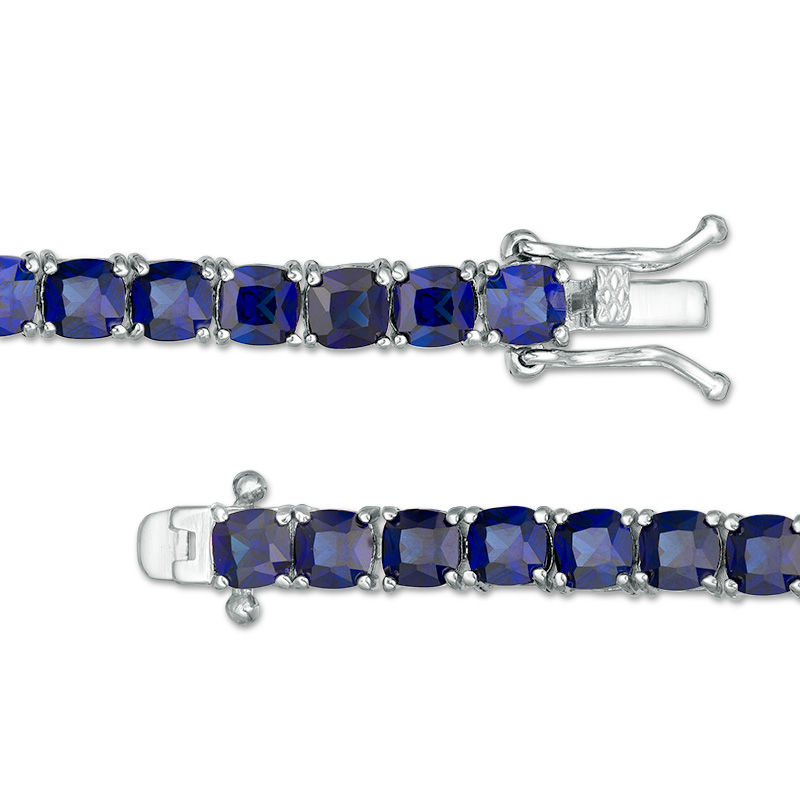Main Image 3 of Cushion-Cut Lab-Created Blue Sapphire Tennis Bracelet in Sterling Silver - 7.25"