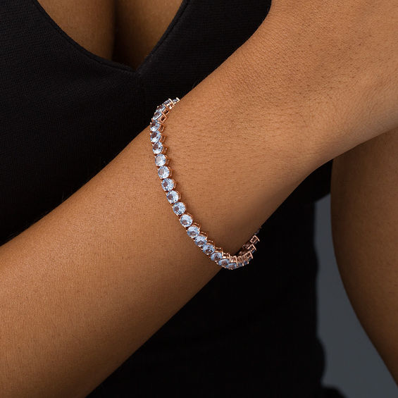 Simulated Aquamarine Tennis Bracelet in Sterling Silver with 14K Rose Gold Plate - 7.25"