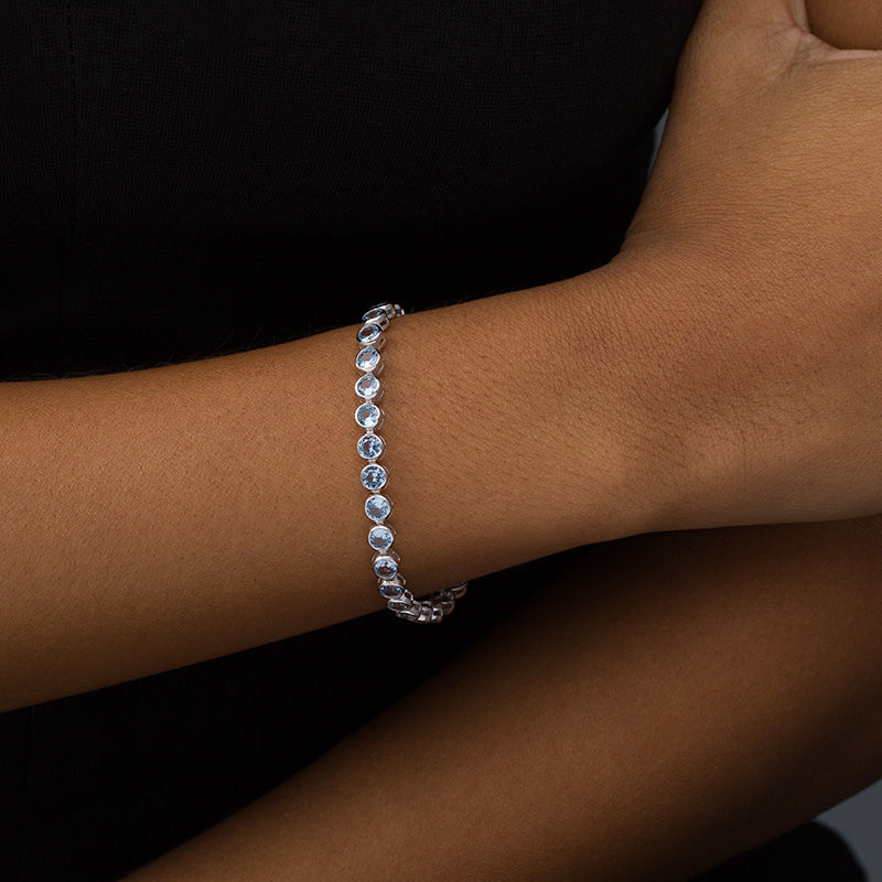 Main Image 2 of Simulated Aquamarine Bezel-Set Tennis Bracelet in Sterling Silver - 7.25"