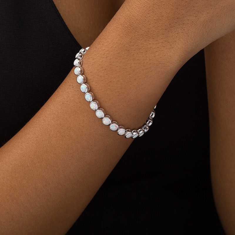 Main Image 2 of Lab-Created Opal Bezel-Set Tennis Bracelet in Sterling Silver - 7.25"