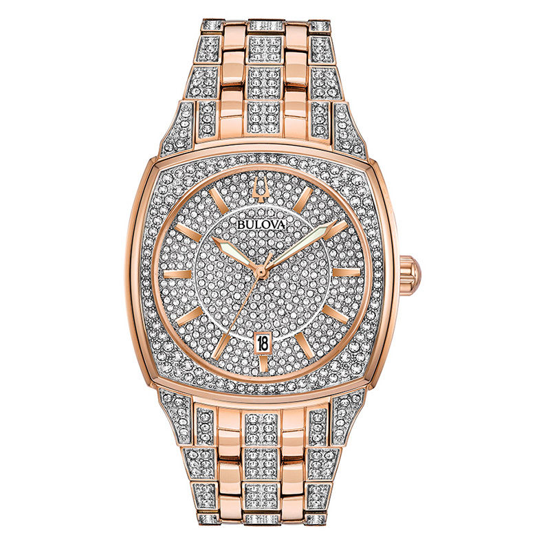 Men's Bulova Phantom Crystal Accent Rose-Tone Watch with Square Silver-Tone Dial (Model: 98B324)