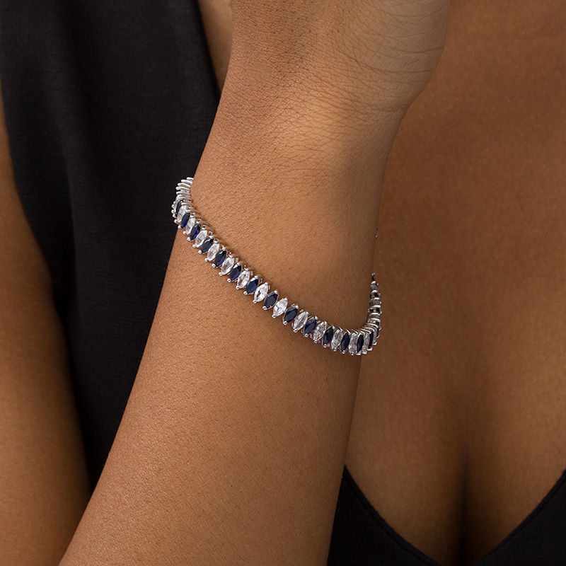 Main Image 2 of Marquise Lab-Created Blue and White Sapphire Alternating Tennis Bracelet in Sterling Silver - 7.25"