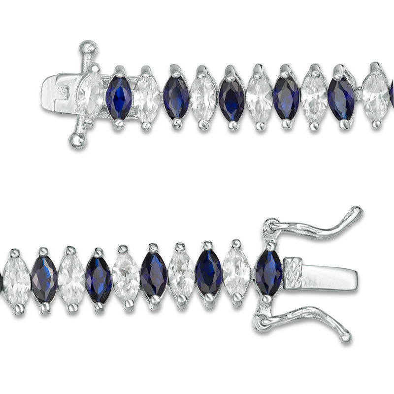 Main Image 3 of Marquise Lab-Created Blue and White Sapphire Alternating Tennis Bracelet in Sterling Silver - 7.25"