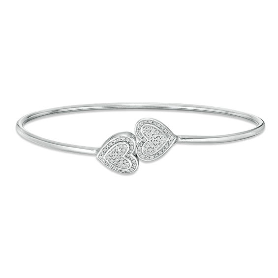 1/10 CT. T.w. Diamond Double Sideways Heart Flex Bangle in Sterling Silver