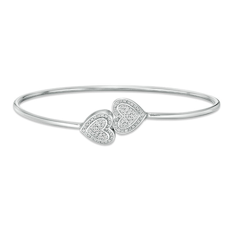 Main Image 1 of 1/10 CT. T.W. Diamond Double Sideways Heart Flex Bangle in Sterling Silver