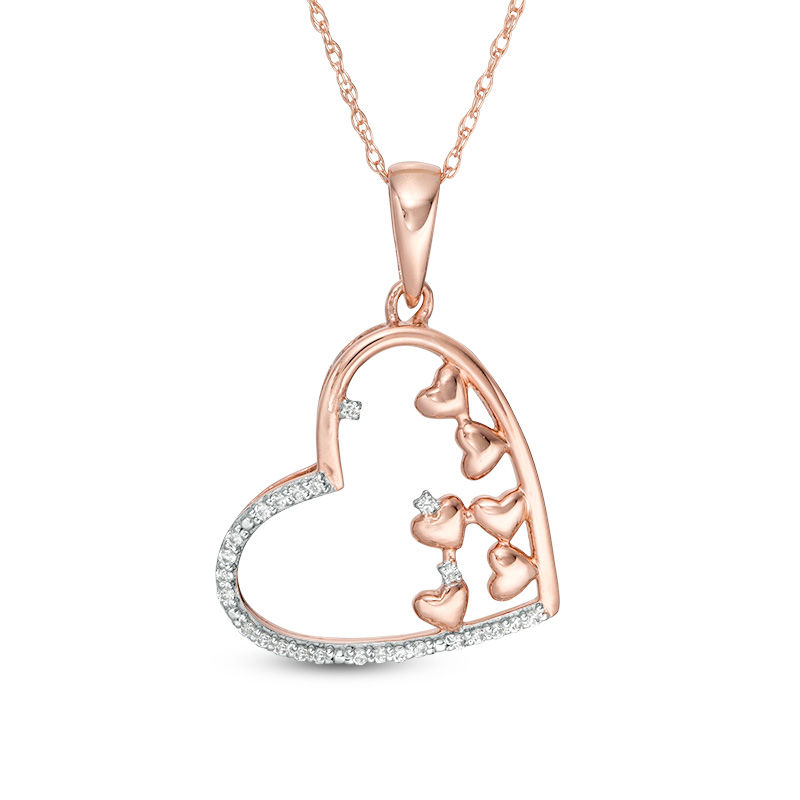 Main Image 1 of 1/10 CT. T.W. Scattered Diamond Tilted Heart Outline Pendant in 10K Rose Gold