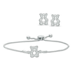 1/4 CT. T.W. Diamond Polar Bear Stud Earrings and Bolo Bracelet Set in Sterling Silver - 9.5"